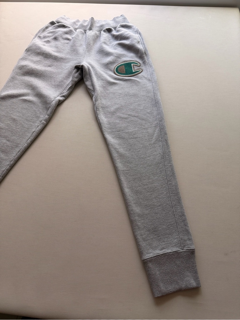 Champion Light Gray Sweatpants with Teal Logo Patch